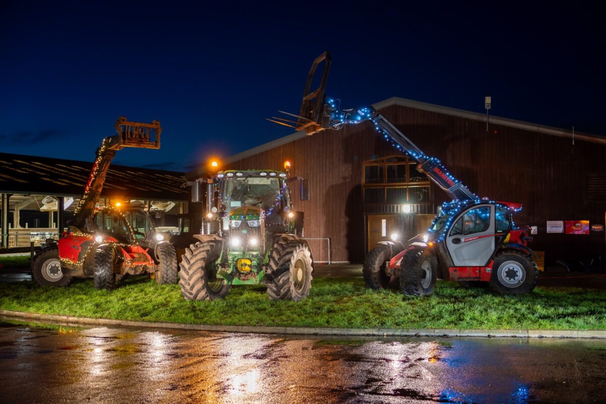 Tractors decorated with Christmas lights at Harper Adams Futures' Farm